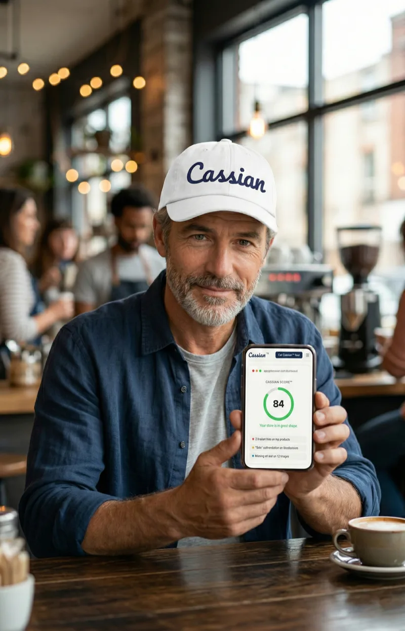 Store owner holding phone showing Cassian Score™ of 84